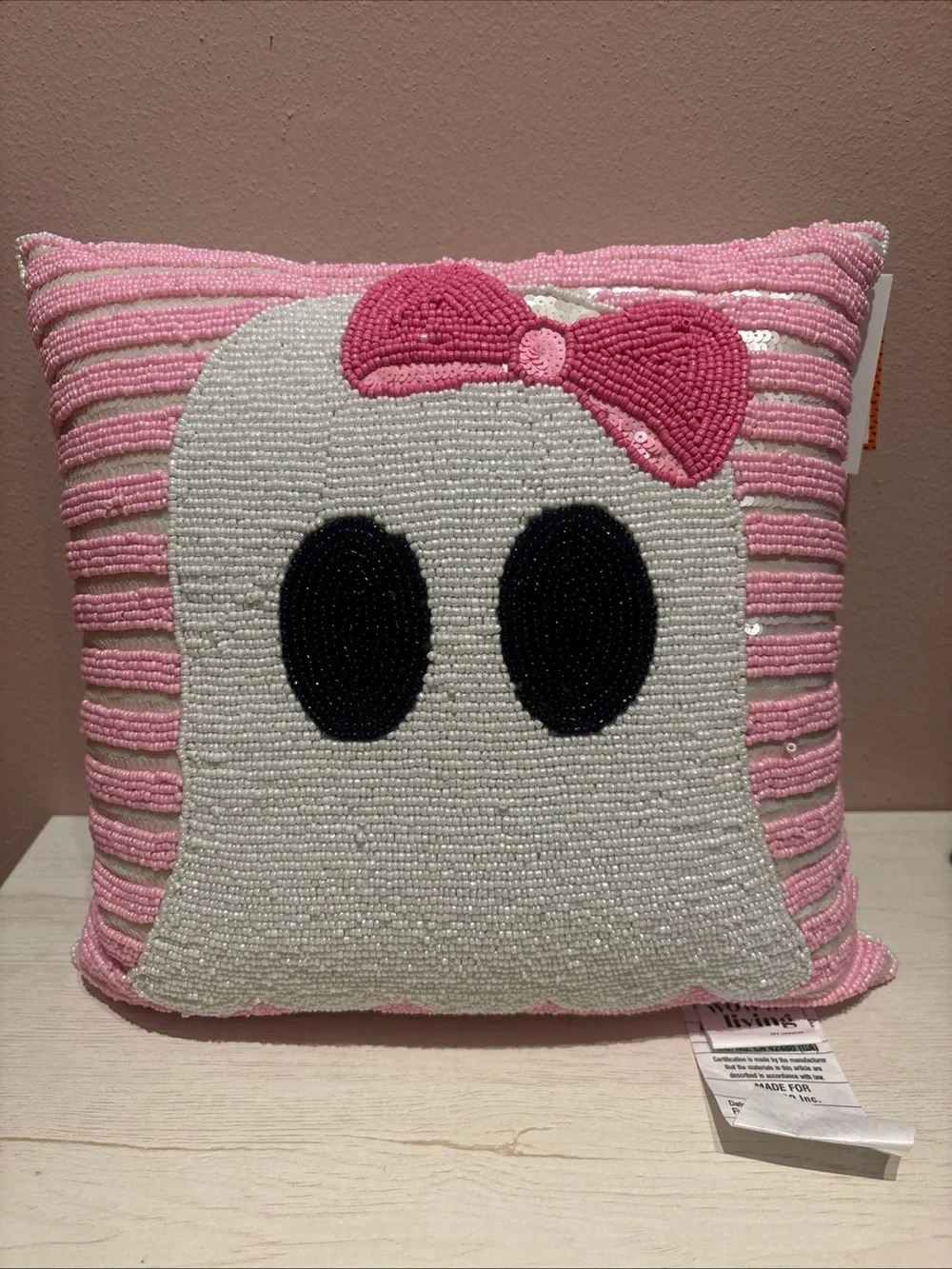 Beaded Ghost With Bow Cutesy Halloween Decorative Pillow NEW